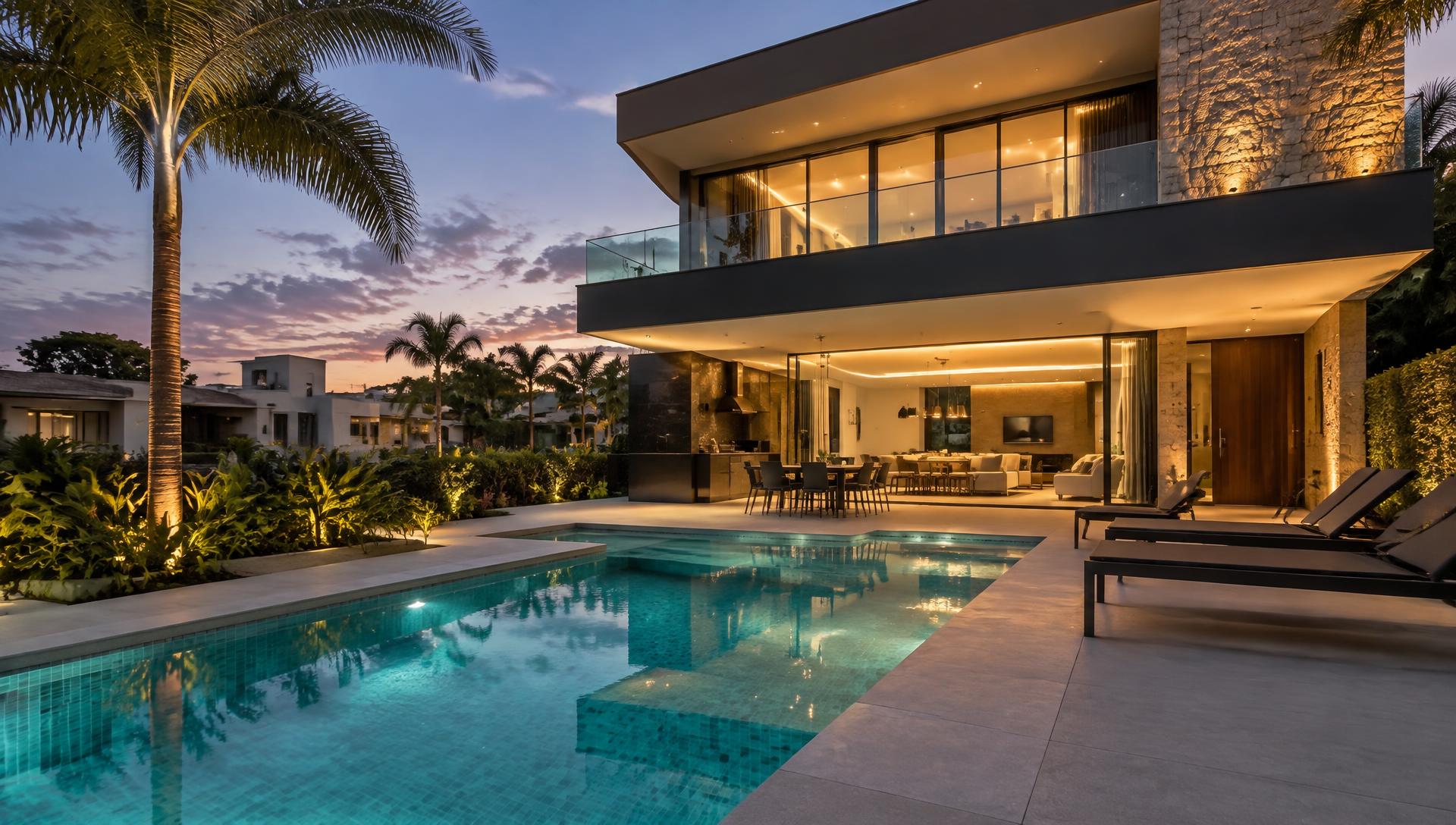 Casa de alto padrão com piscina ao entardecer